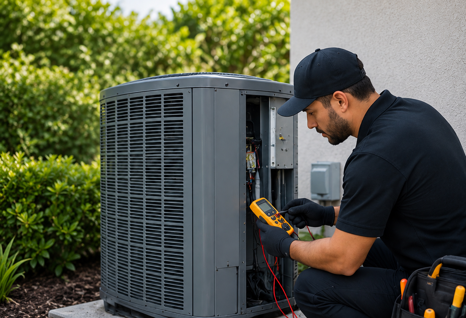 HVAC technician performing preventive maintenance on air conditioning equipment