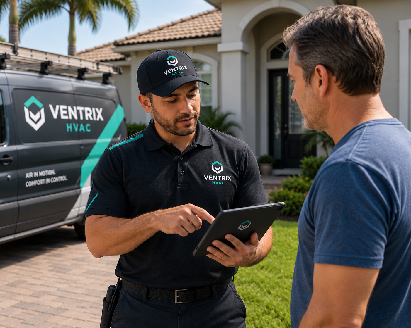 Ventrix HVAC technician speaking with a homeowner